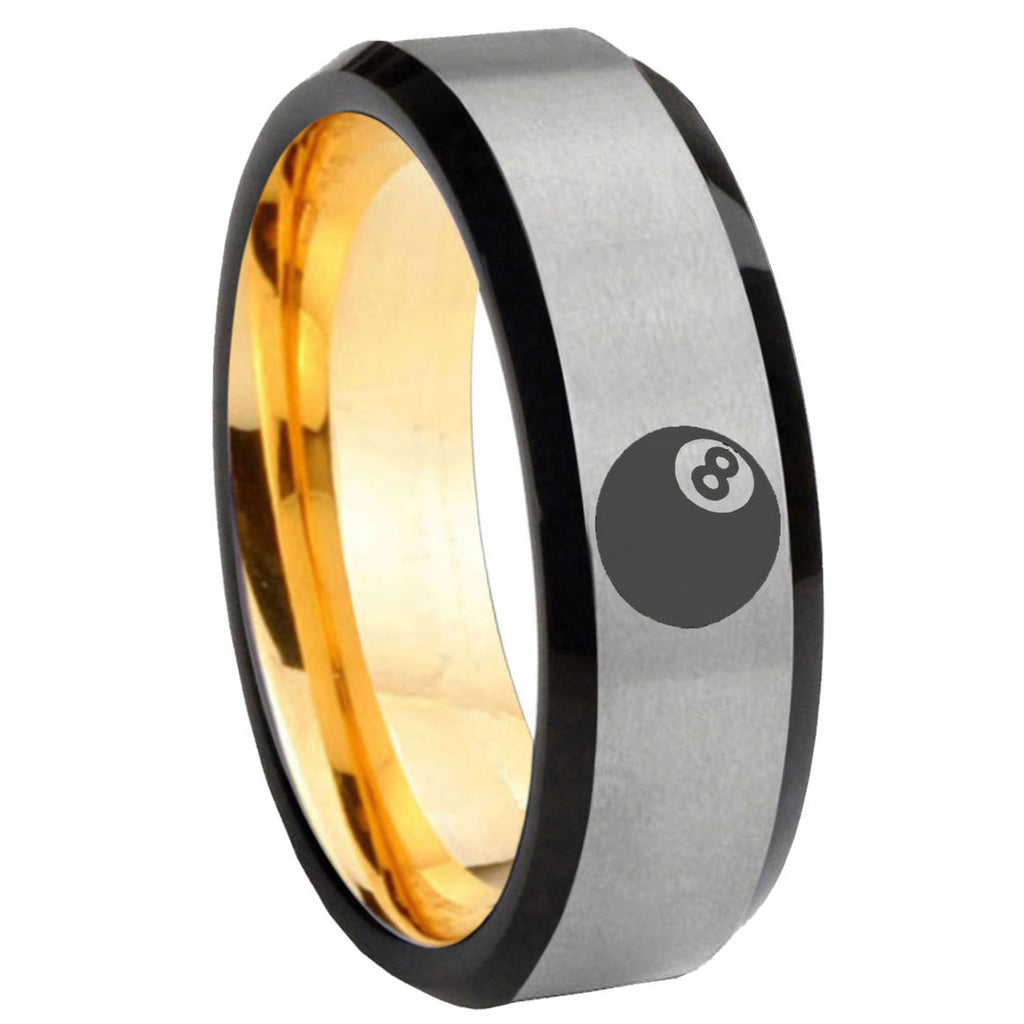 8mm 8 Ball Beveled Edge Gray And Gold Tungsten Engraved Ring