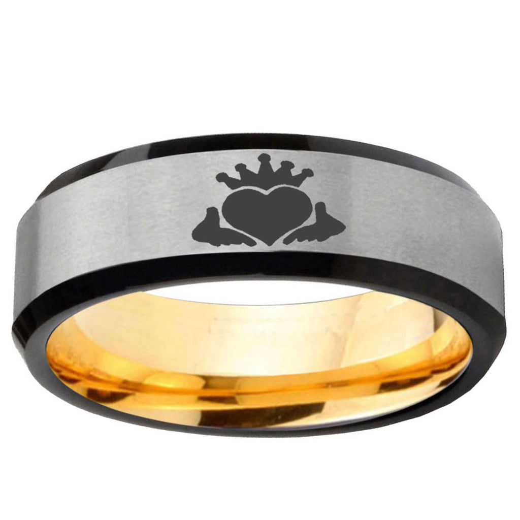Claddagh Design Beveled Edge Gray Gold Tungsten Ring