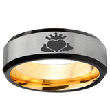 Claddagh Design Beveled Edge Gray And Gold Tungsten Carbide Anniversary Ring