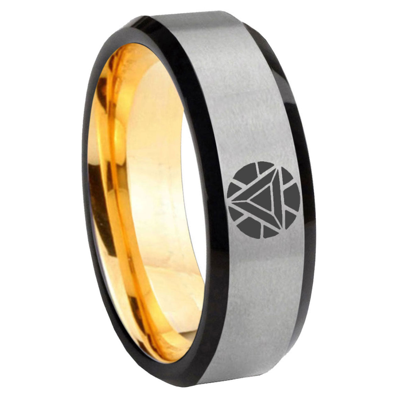 8mm Iron Man Art Reactor Beveled Edge Gold Silver Metal Ring