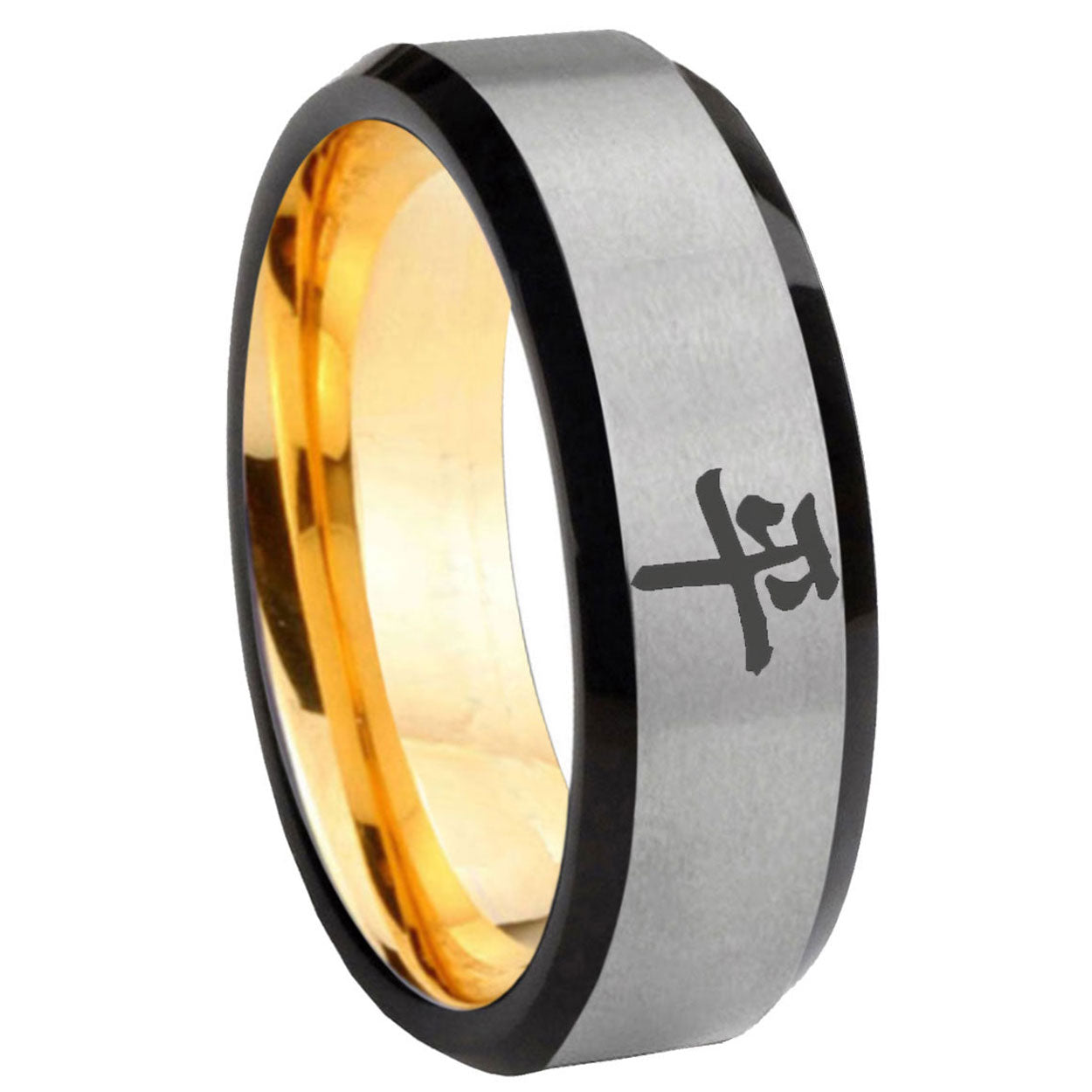 8mm Kanji Peace Beveled Edge Gray Gold Tungsten Ring for Men