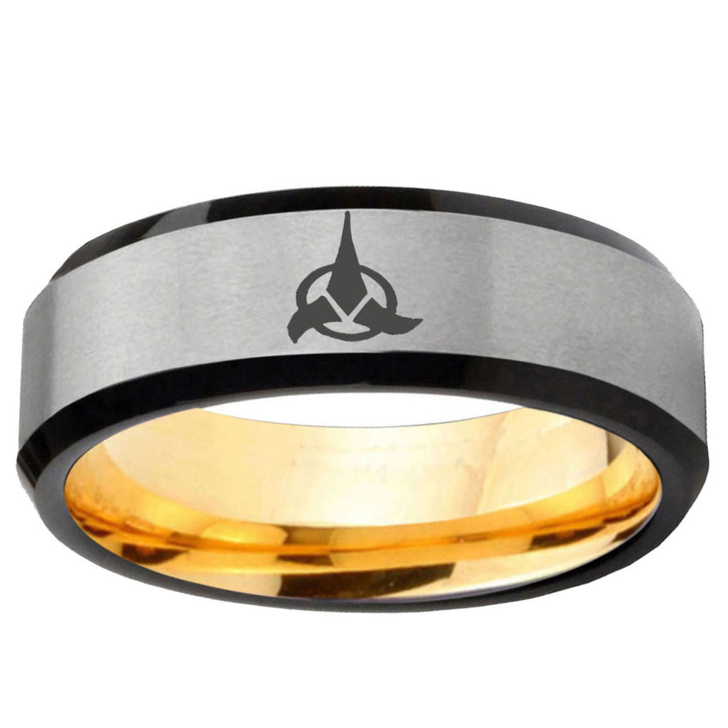 Klingon Beveled Edge Gray And Gold Tungsten Engraved Ring