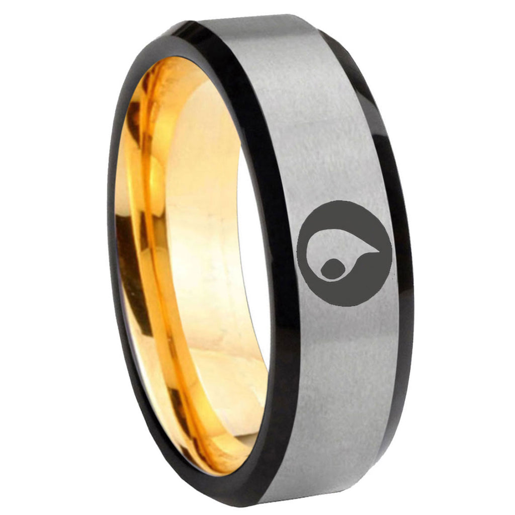 8mm Magic Gathering Beveled Edge Gray Gold Tungsten Mens Ring