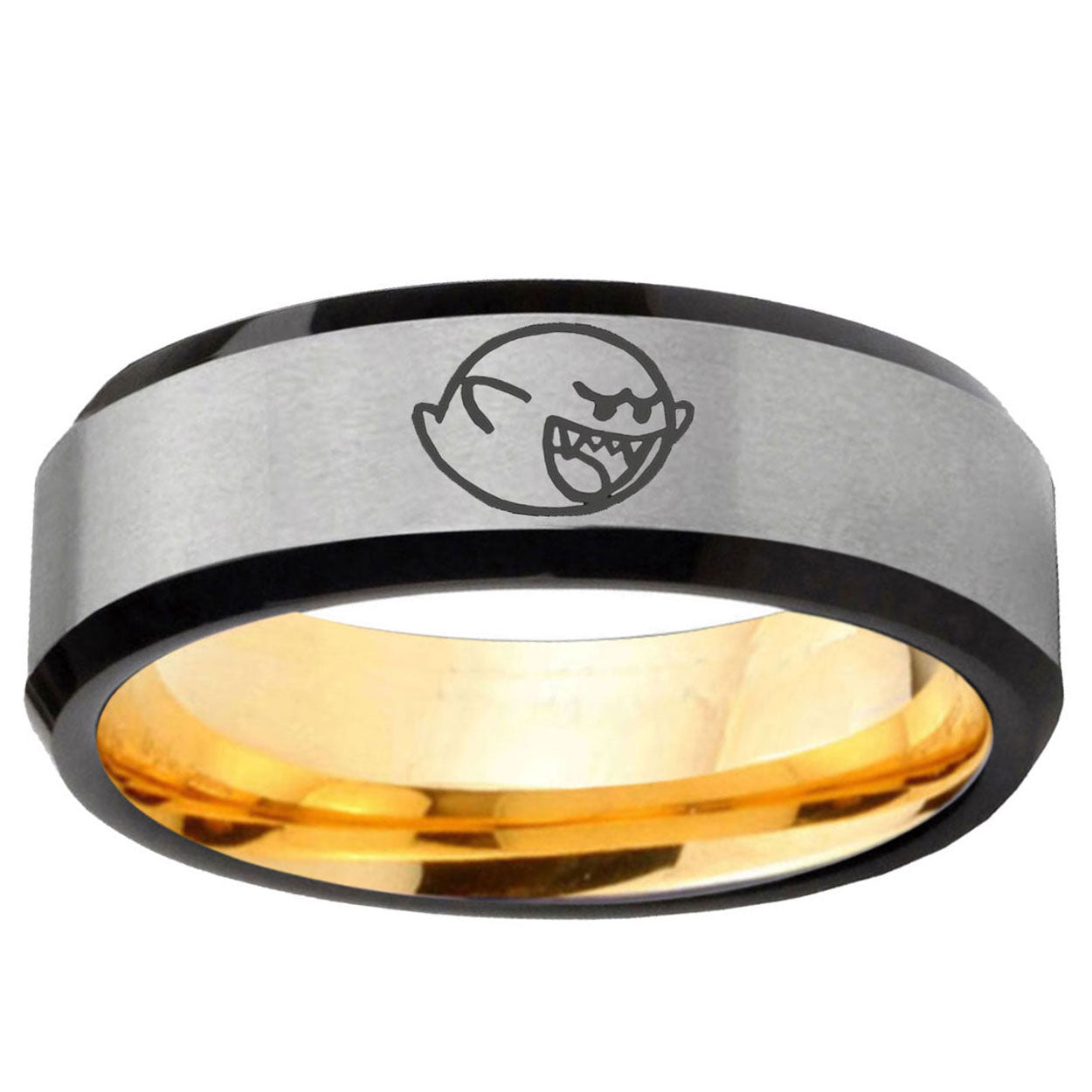 Mario Boo Ghost Beveled Edge Gray Gold Tungsten Band