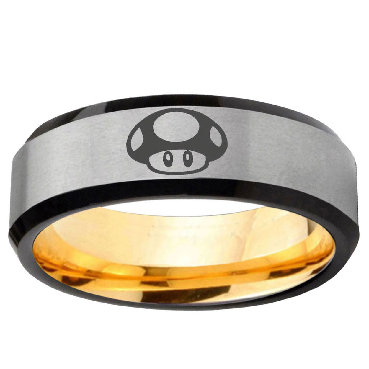 Mario Mushroom Beveled Edge Gray Gold Tungsten Band