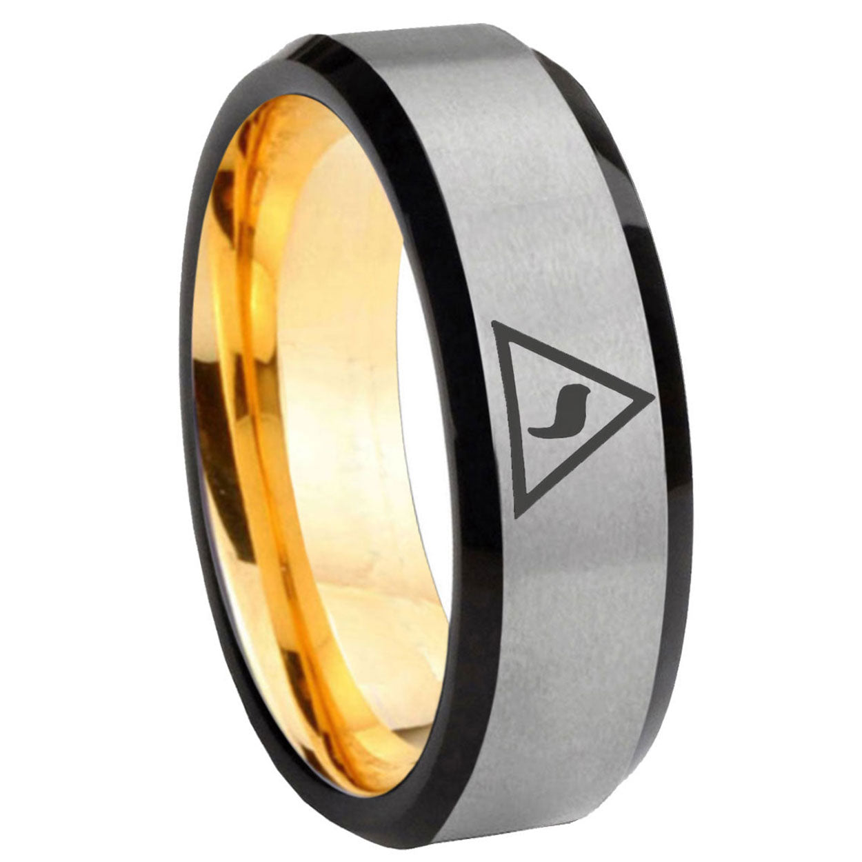 8mm Masonic Yod Beveled Edge Gray Gold Tungsten Engagement Band