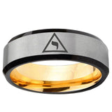 Masonic Yod Beveled Edge Gray And Gold Tungsten Carbide Men's Engagement Band