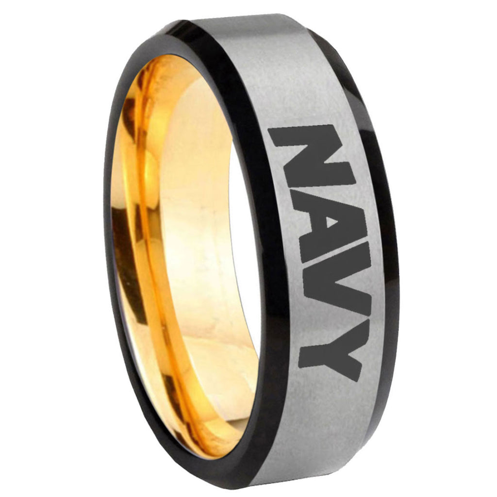 8mm Navy Beveled Edge Gray And Gold Tungsten Men's Wedding Band