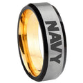 8mm Navy Beveled Edge Gray And Gold Tungsten Men's Wedding Band