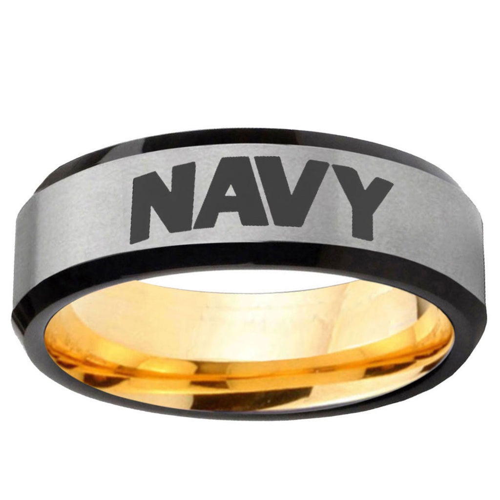 Navy Beveled Edge Gray And Gold Tungsten Men's Wedding Band