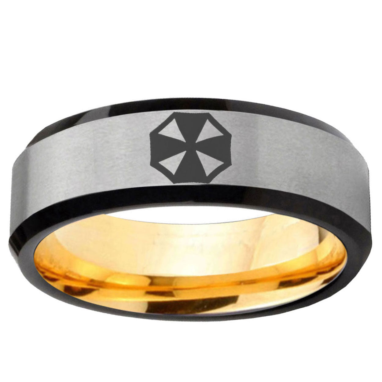 Resident Evil Beveled Edge Gray And Gold Tungsten Men Bands