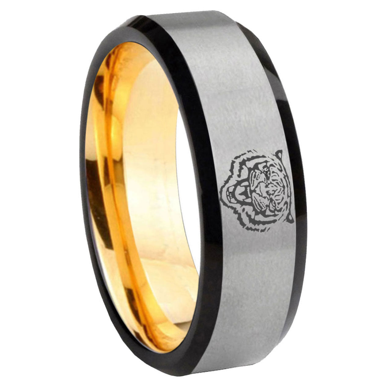8mm Lion Beveled Edge Gray And Gold Tungsten Carbide Bands Ring