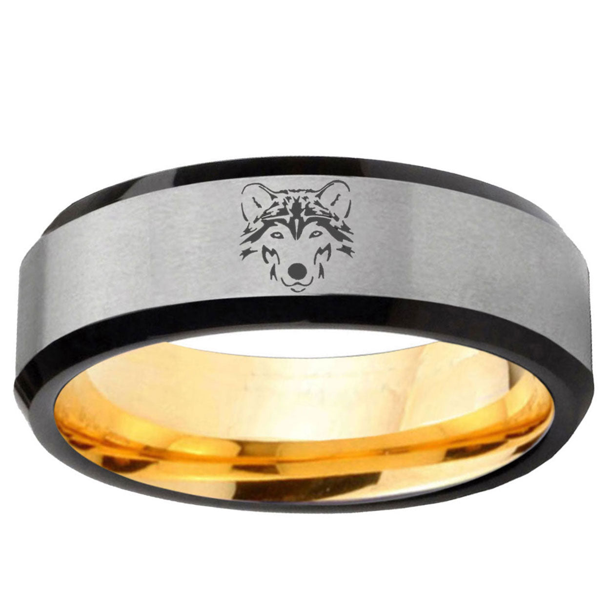 Wolf Beveled Edge Gray And Gold Tungsten Carbide Bands Ring