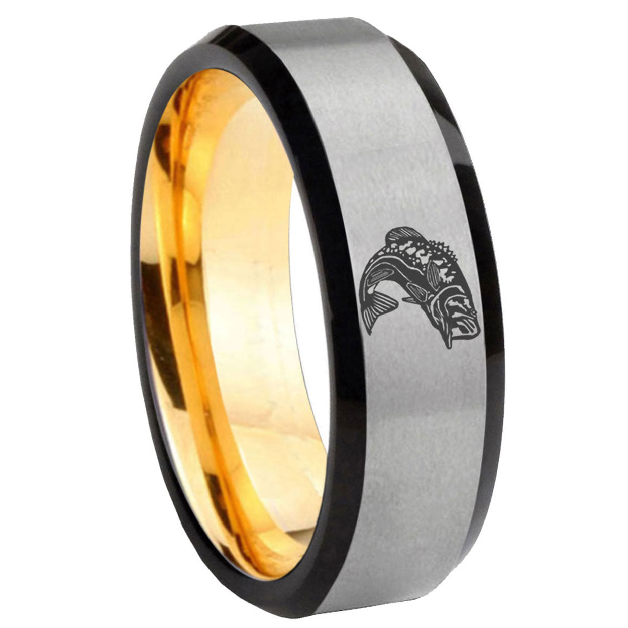8mm Fishing Beveled Edge Gray And Gold Tungsten Promised Ring