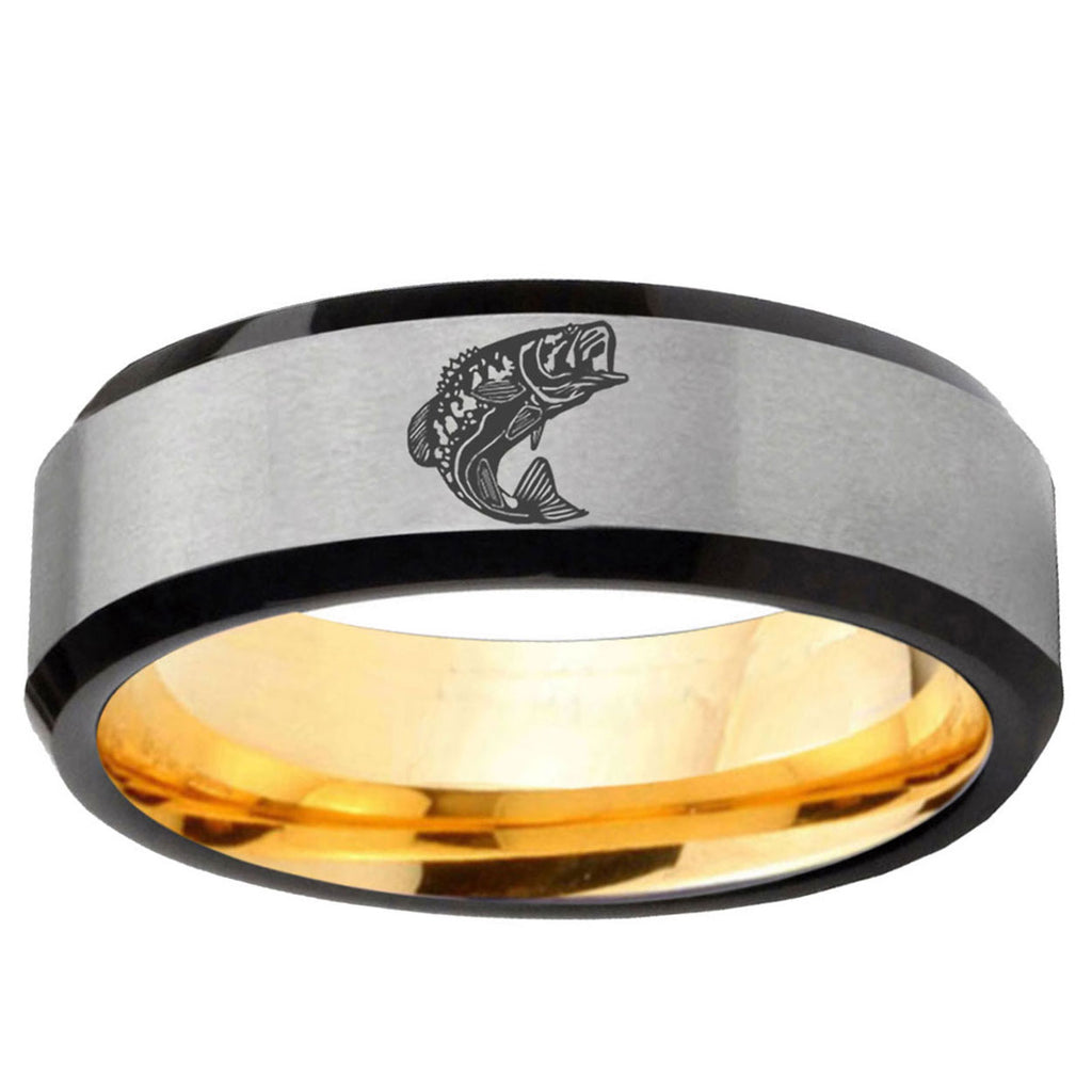 Fishing Beveled Edge Gray And Gold Tungsten Promised Ring