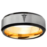 Medical Symbol Beveled Edge Gray And Gold Tungsten Band