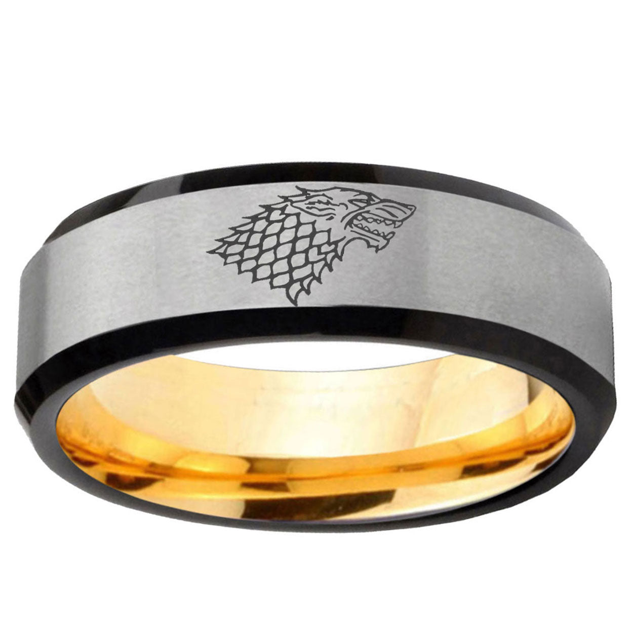 Game Of Thrones House Stark Direwolf Bevel Gray Gold Tungsten Ring
