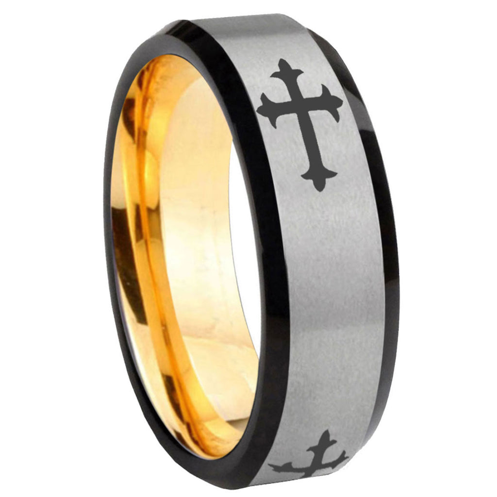 8mm Christian Cross Religious Beveled Gray Gold Tungsten Ring