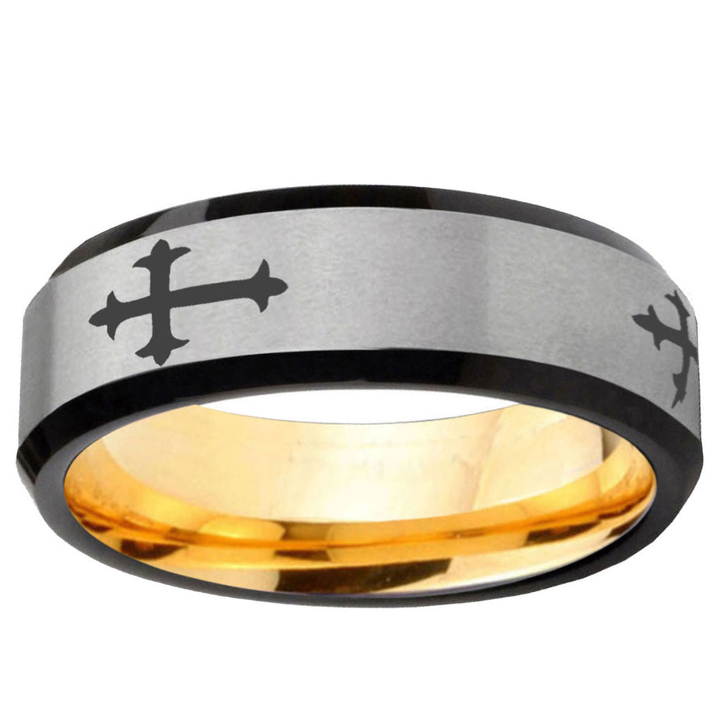 Christian Cross Religious Beveled Gray Gold Tungsten Ring