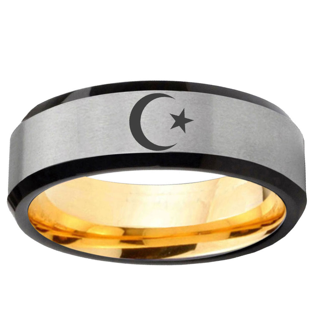 Crescent Moon Stars Beveled Edge Gray Gold Tungsten Ring