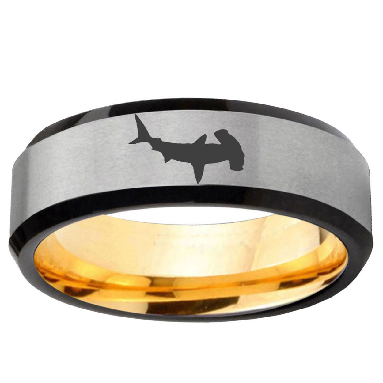 Hammerhead Shark Beveled Edge Gray And Gold Tungsten Ring