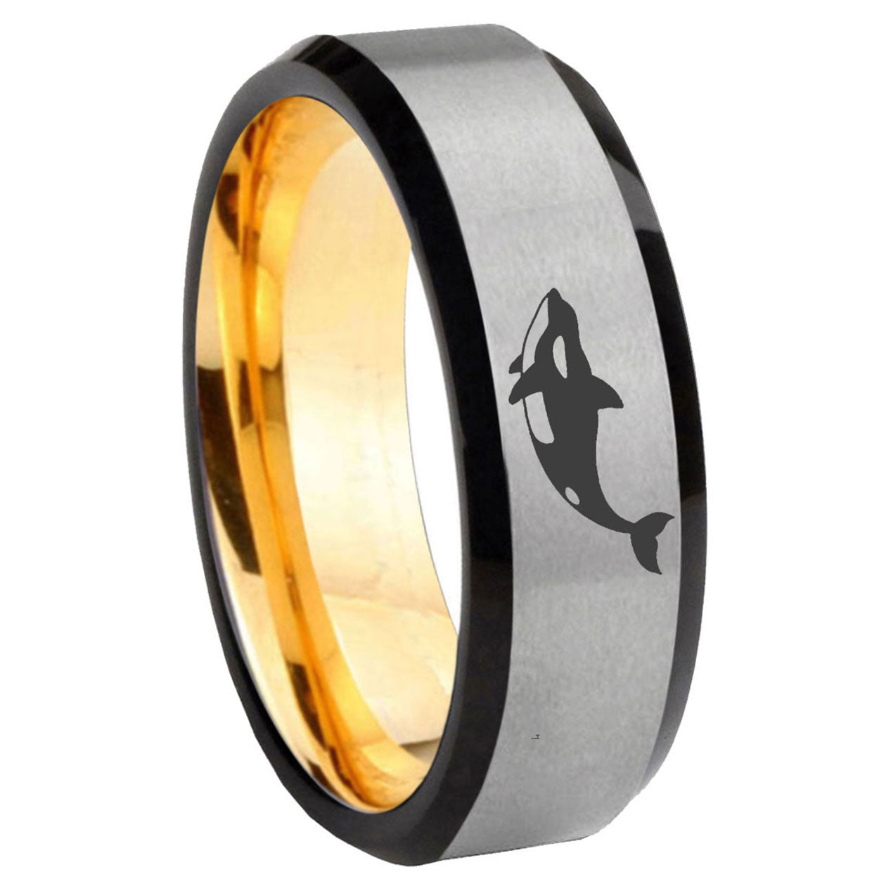 8mm Keller Whale Beveled Edge Gray And Gold Tungsten Men's Ring