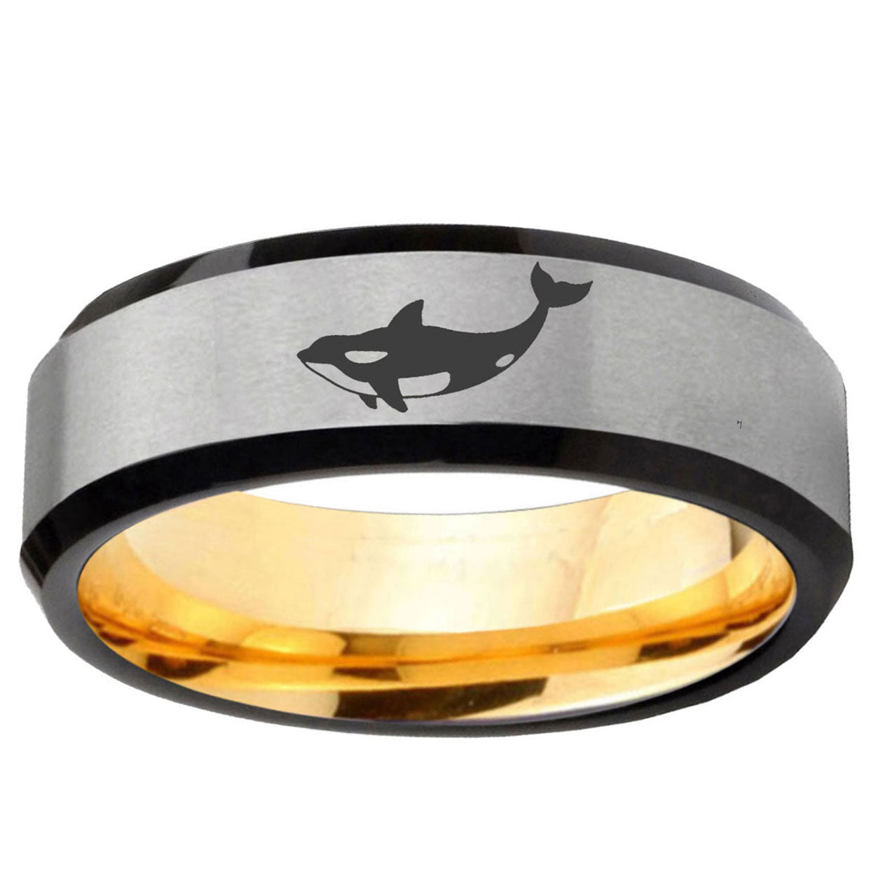 Keller Whale Beveled Edge Gray And Gold Tungsten Men's Ring