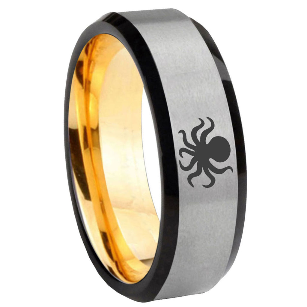 8mm Octopus Beveled Edge Gray And Gold Tungsten Engraved Band