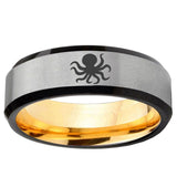 Octopus Beveled Edge Gray And Gold Tungsten Engraved Band