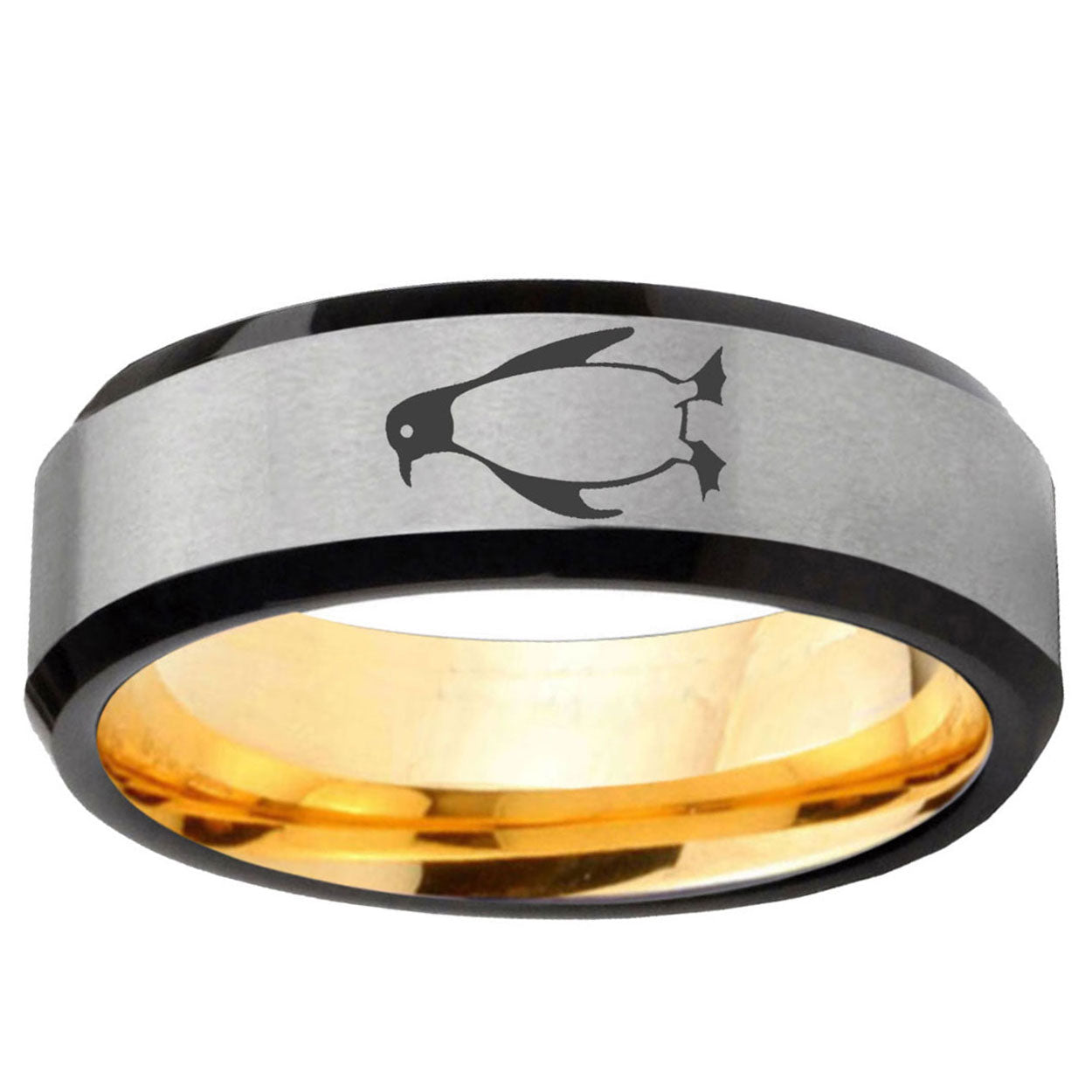 Penguin Beveled Edge Gray And Gold Tungsten Engagement Ring