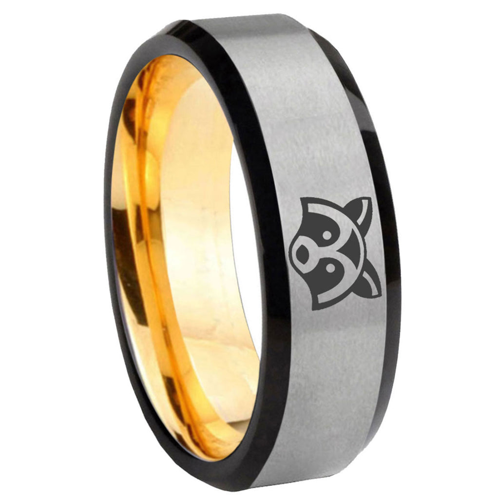 8mm Raccoon Animal Beveled Edge Gray Gold Tungsten Wedding Ring