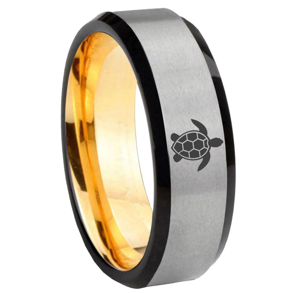 8mm Sea Turtle Design Beveled Edge Gray And Gold Tungsten Ring