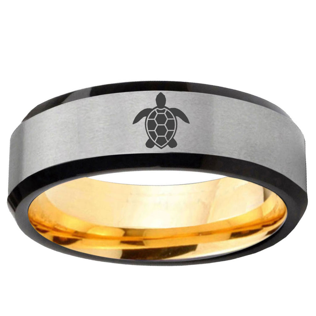 Sea Turtle Design Beveled Edge Gray And Gold Tungsten Ring