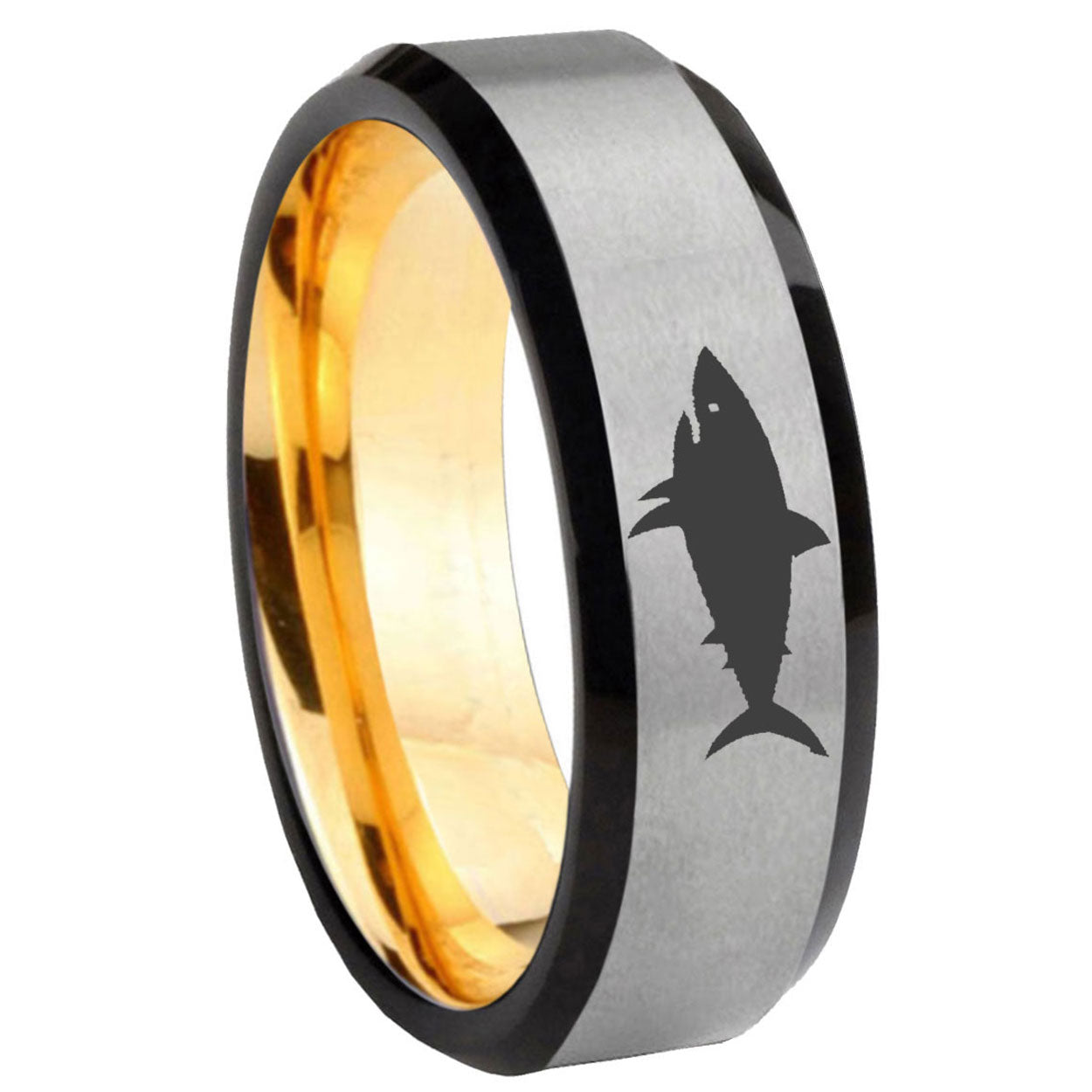 8mm Shark Beveled Edge Gray And Gold Tungsten Promised Ring