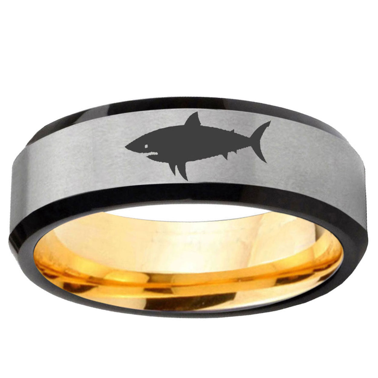 Shark Beveled Edge Gray And Gold Tungsten Promised Ring