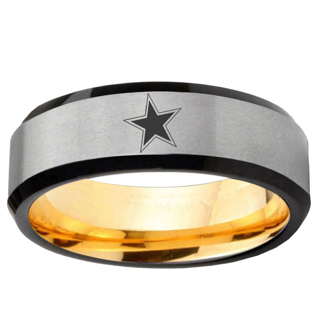 Cowboys Star Beveled Edge Gray And Gold Tungsten Men's Ring