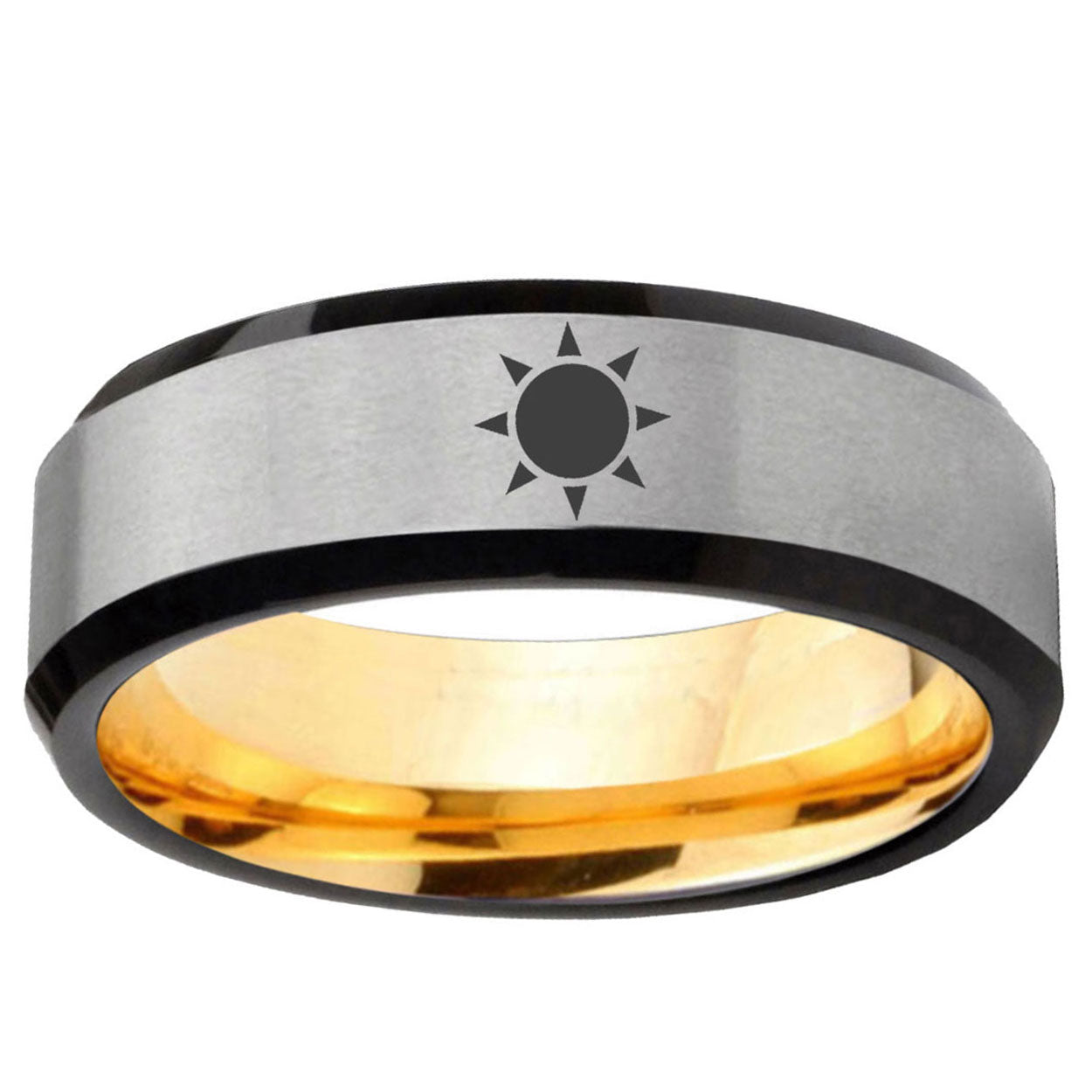 Sun Design Beveled Edge Gray And Gold Tungsten Ring