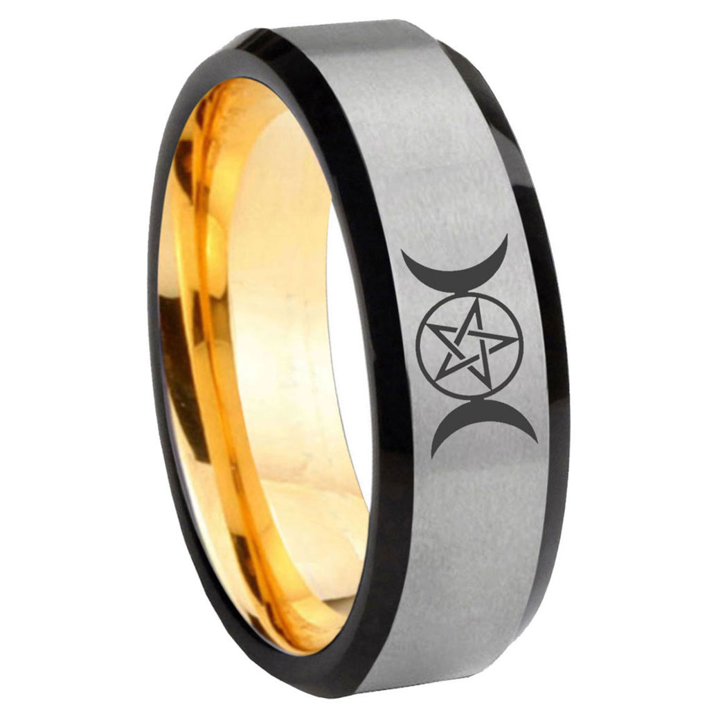 8mm Triple Moon Beveled Edge Gray And Gold Tungsten Men's Band