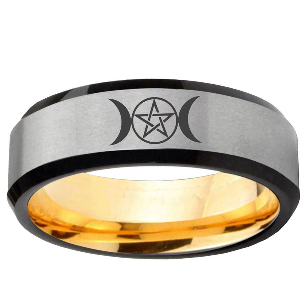 Triple Moon Beveled Edge Gray And Gold Tungsten Men's Band