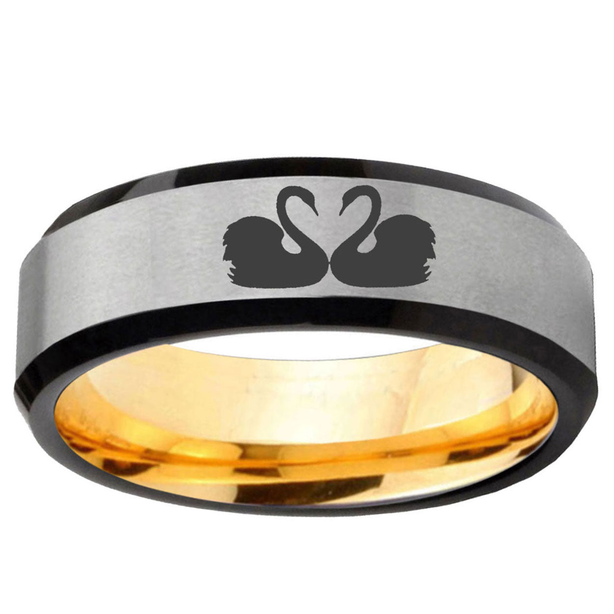 Swans Design Beveled Edge Gray Gold Tungsten Wedding Ring
