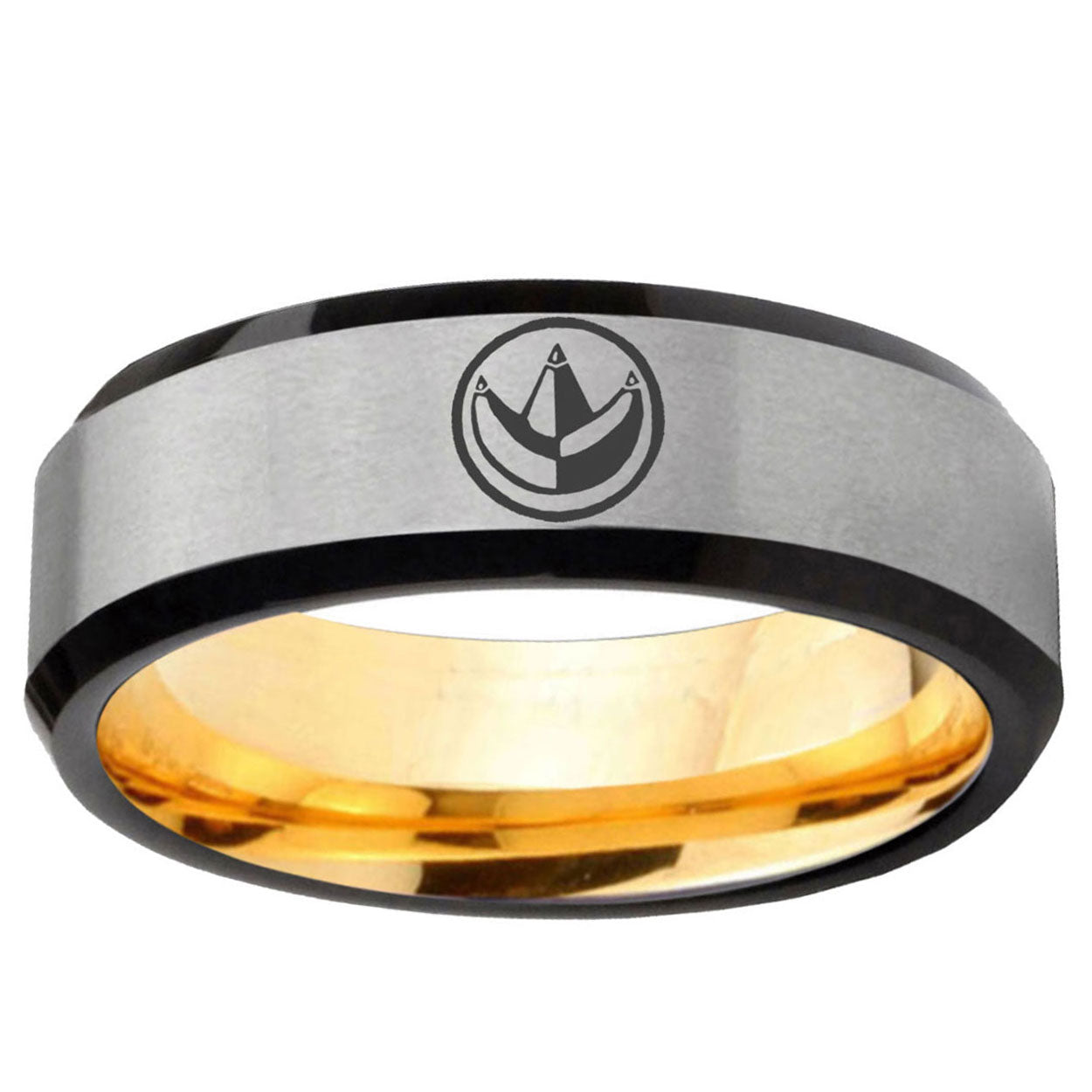 Green Ranger Power Beveled Edge Gray Gold Tungsten Ring