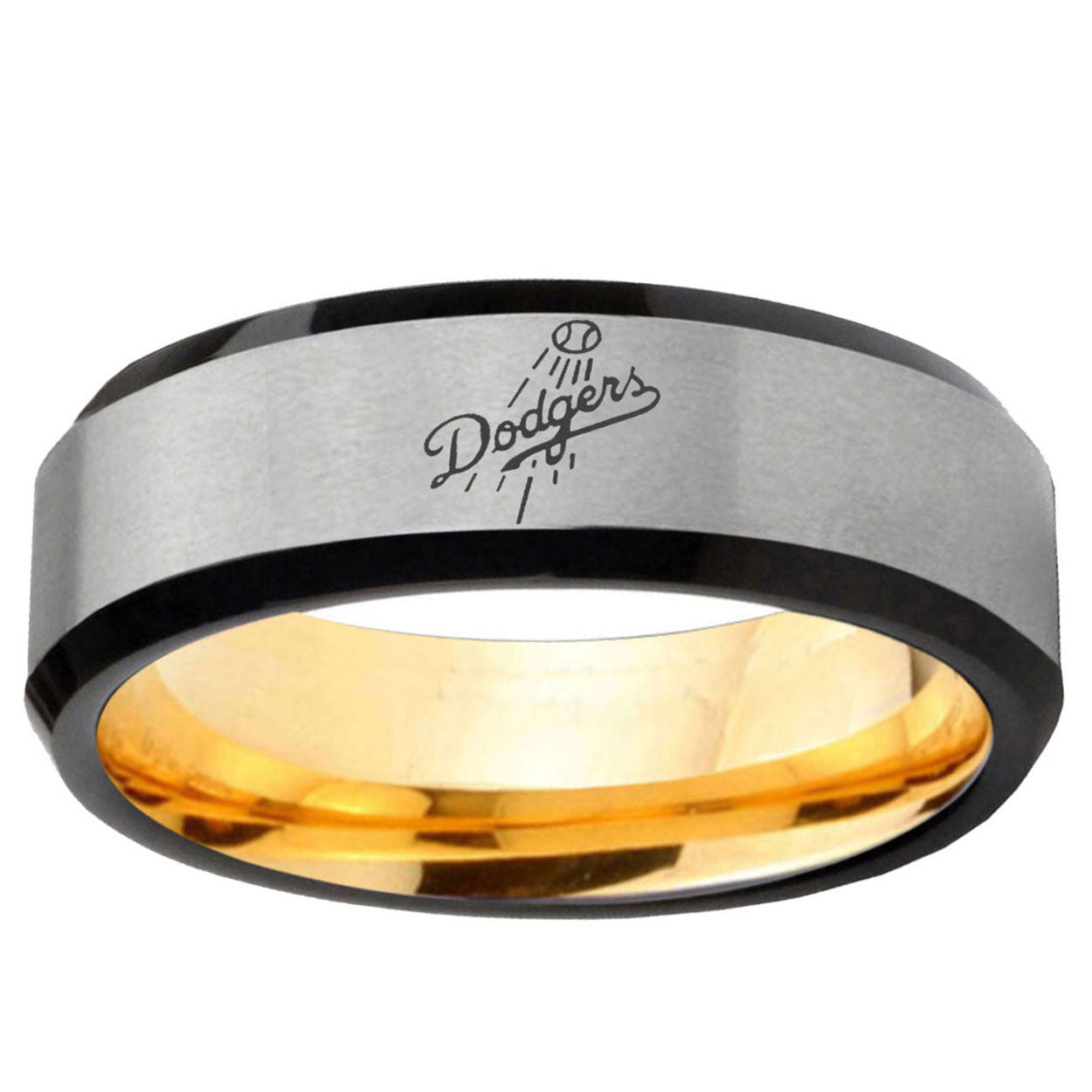 LA Dogers MLB Baseball Beveled Edge Gray Gold Tungsten Ring