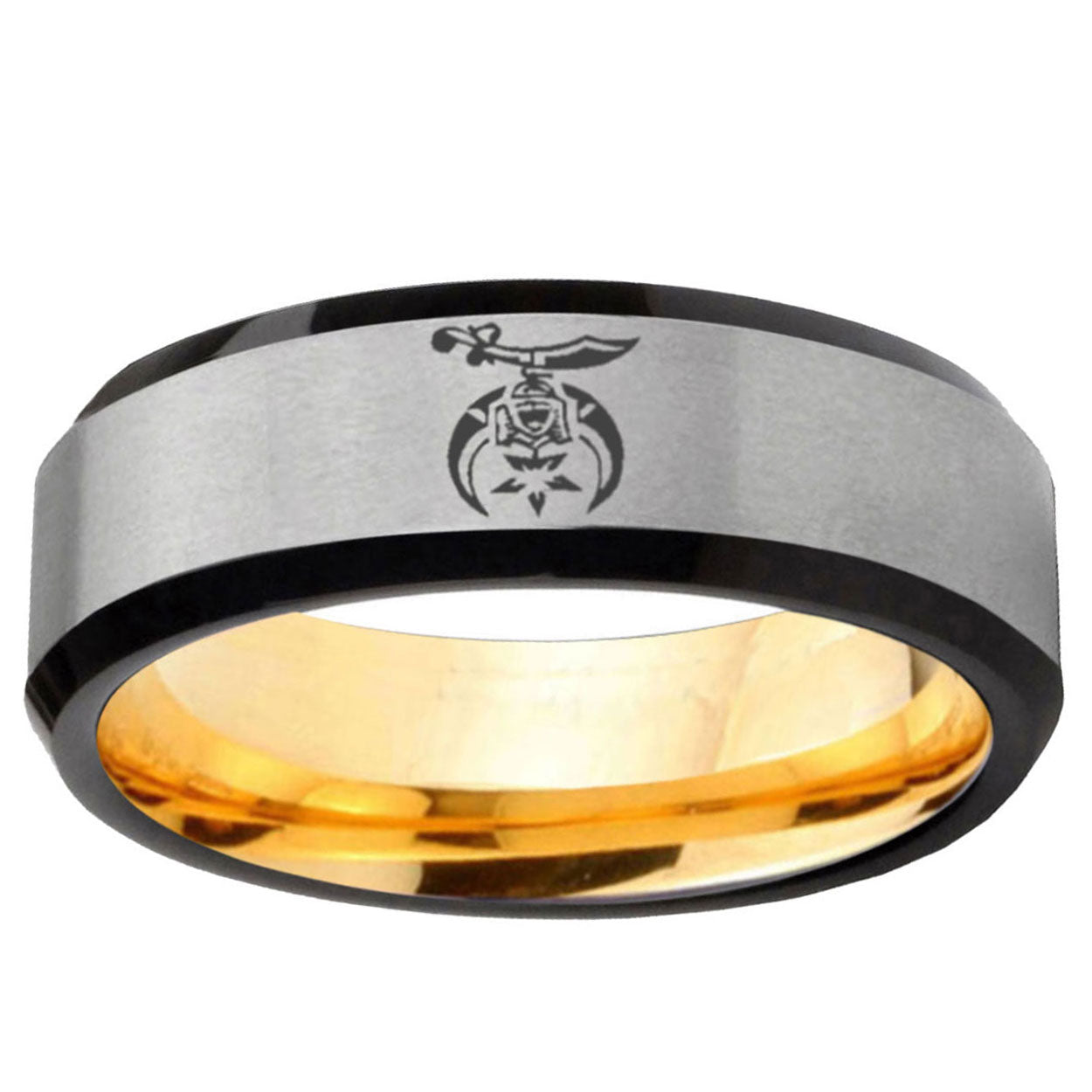 Masonic Shriners Beveled Edge Gray Gold Tungsten Ring
