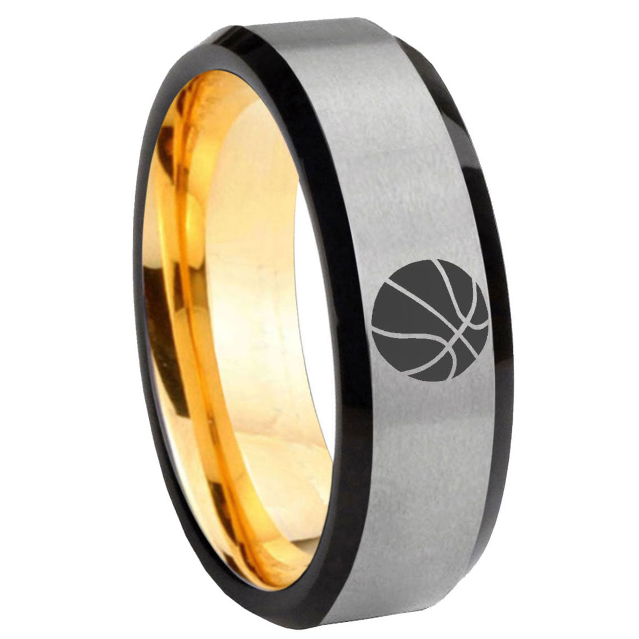 8mm Basketball Beveled Edge Gray Gold Tungsten Promised Ring