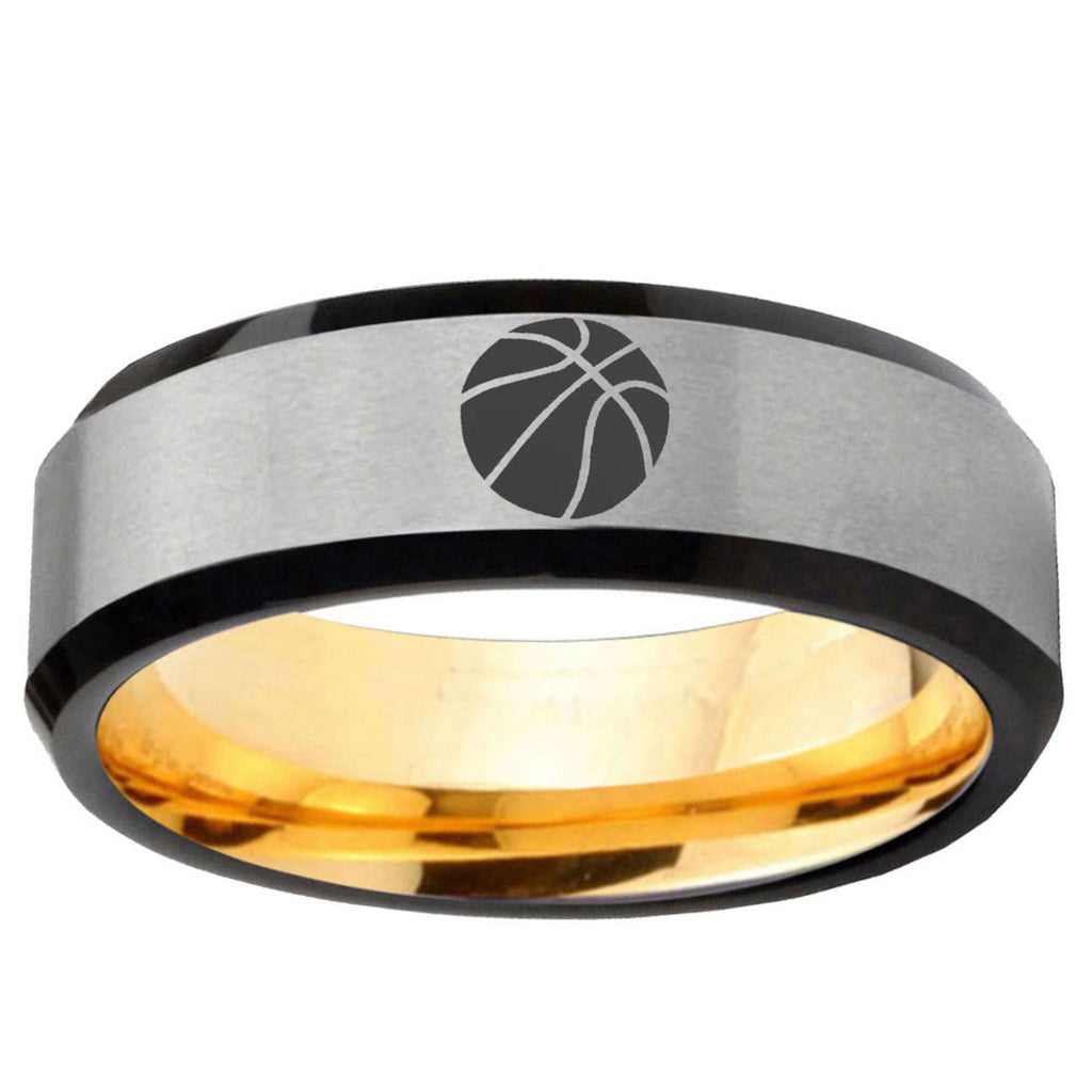 Basketball Beveled Edge Gray Gold Tungsten Promised Ring