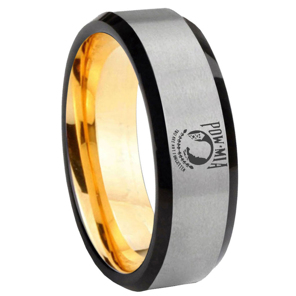 8mm Military Pow Beveled Edge Gray And Gold Tungsten Mens Ring