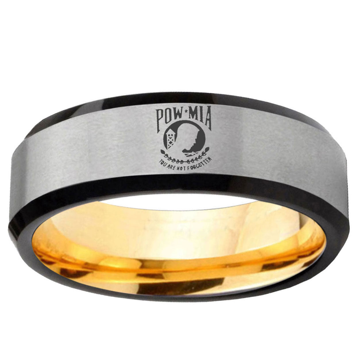 Military Pow Beveled Edge Gray And Gold Tungsten Mens Ring