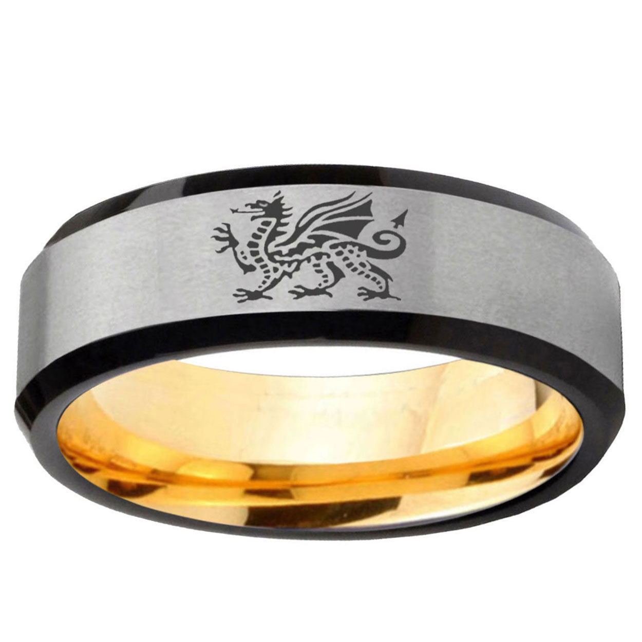 Dragon Beveled Edge Gray And Gold Tungsten Ring for Men