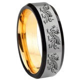 8mm Multiple Dragon Beveled Edge Gray And Gold Tungsten Carbide Men's Wedding Ring