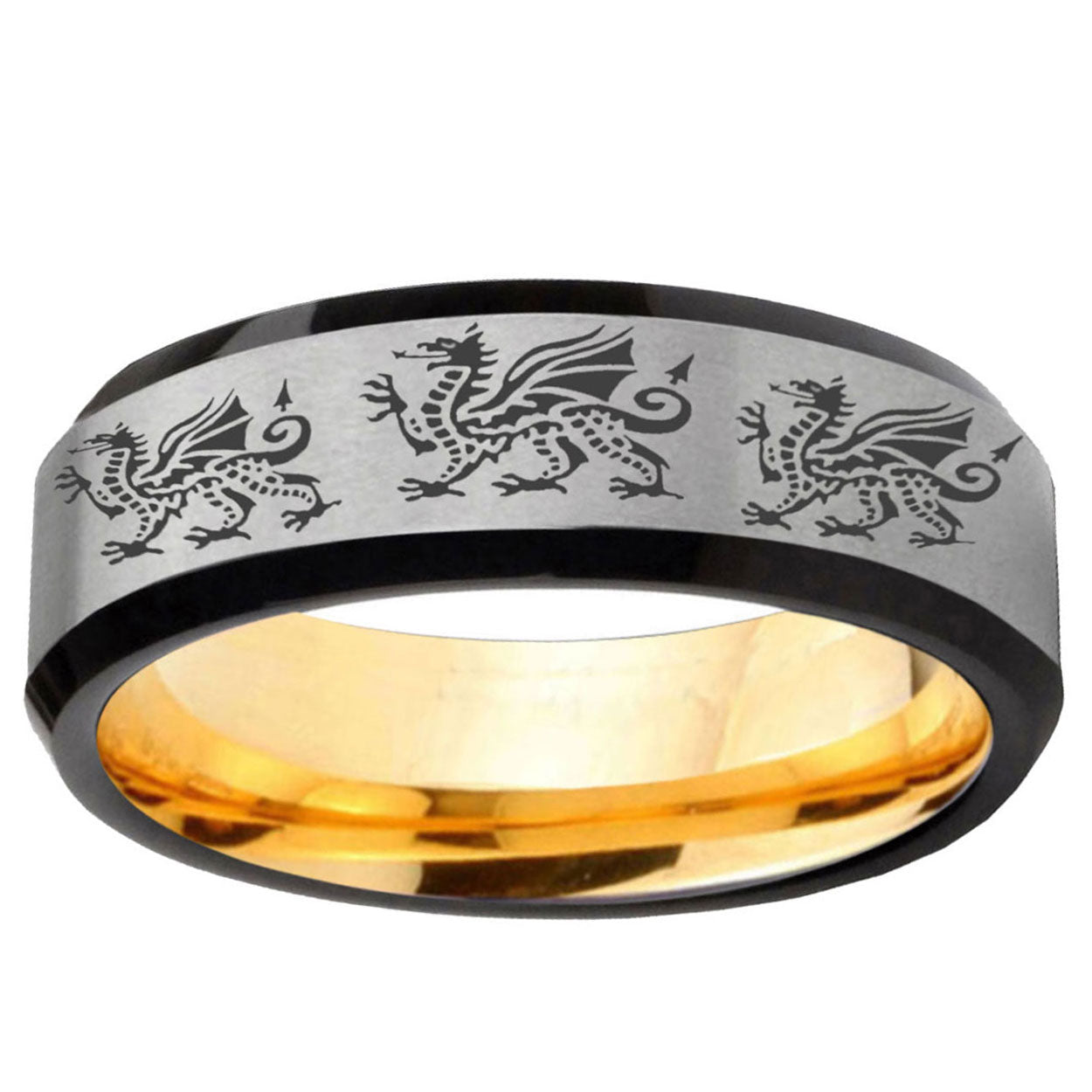 Multiple Dragon Beveled Edge Gray And Gold Tungsten Ring